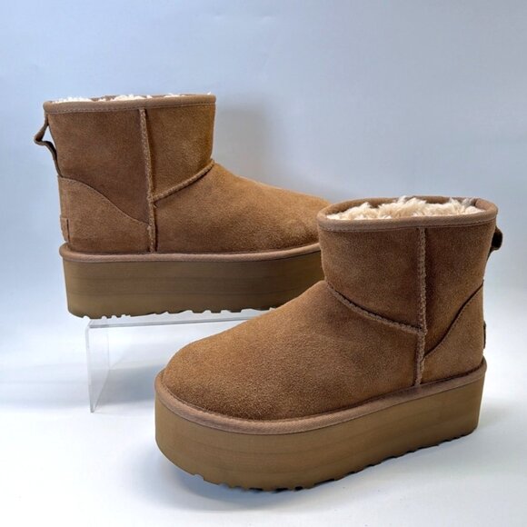 UGG Classic Mini Platform Chestnut Suede Boots Women Size 7 - Picture 3 of 11